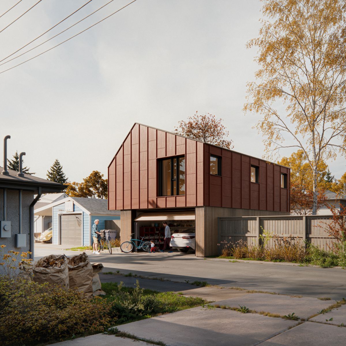 Rendu 3D d’un logement accessoire de deux étages au style élégant et minimaliste, doté d’une façade métallique couleur rouille. L’étage supérieur comporte de grandes fenêtres et le rez-de-chaussée sert de garage. Le logement accessoire se trouve dans une ruelle paisible. Il est entouré de clôtures et de garages traditionnels. 